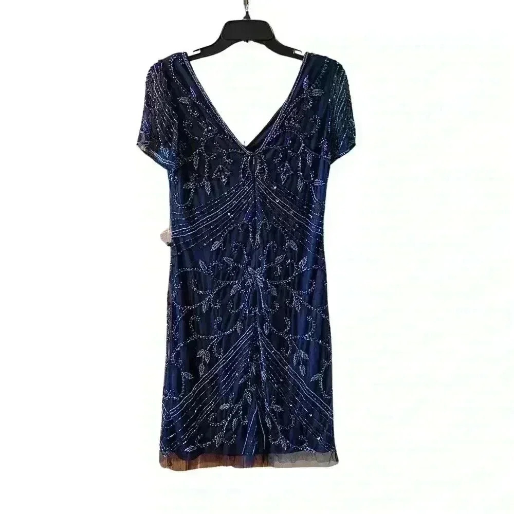 NEW PISARRO NIGHTS Beaded Double V-Neck Dress Navy Blue - Picture 5 of 12